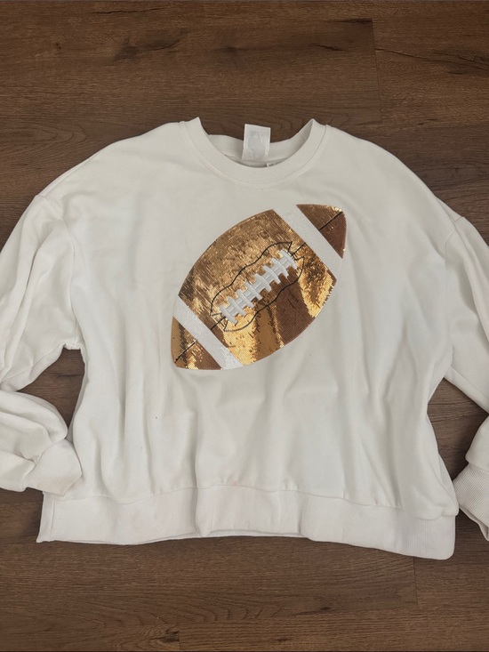 QUEEN OF SPARKLES Tops - QUEEN OF SPARKLES White Sweatshirt with Gold Sequin Football